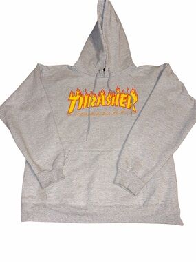 Thrasher Gray Crewneck Hoodie with Yellow and Orange Flame Logo